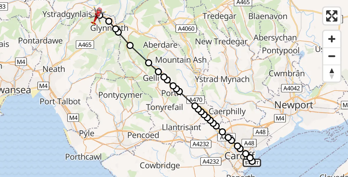 Flight route Air Ambulance Helicopter Cardiff Heliport - Banwen, 08 August 2026, 19:45