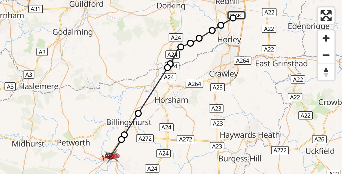 Flight route Air Ambulance Helicopter Redhill Aerodrome - Horsham, 08 August 2026, 20:03