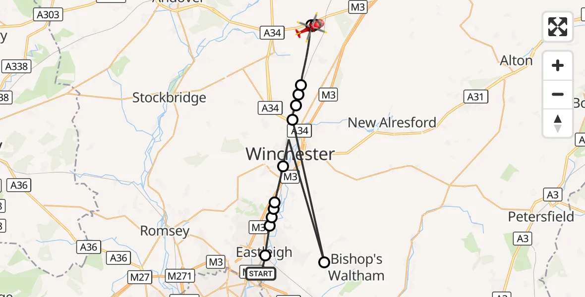 Flight route Air Ambulance Helicopter Southampton Airport - Micheldever Station, 08 August 2026, 20:03