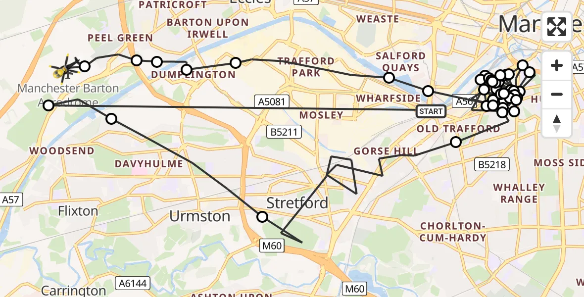 Flight route Police Helicopter Stretford - Manchester Barton Aerodrome, 08 August 2026, 20:06