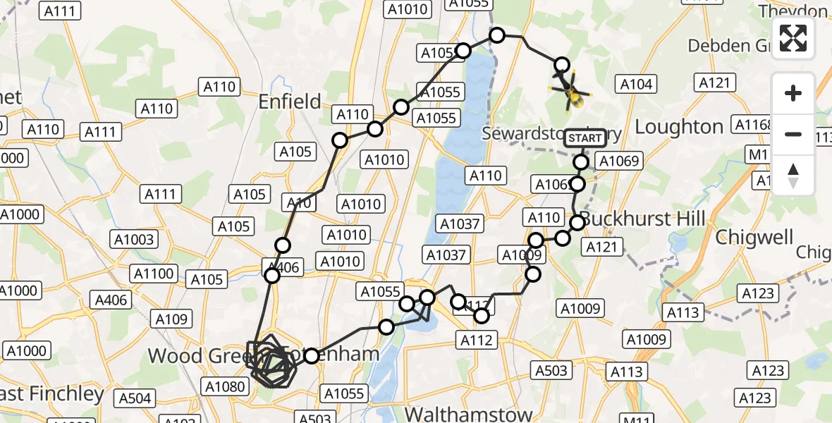 Flight route Police Helicopter Sewardstonebury - Metropolitan Police Air Support Unit Lippitts Hill, 08 August 2026, 20:15