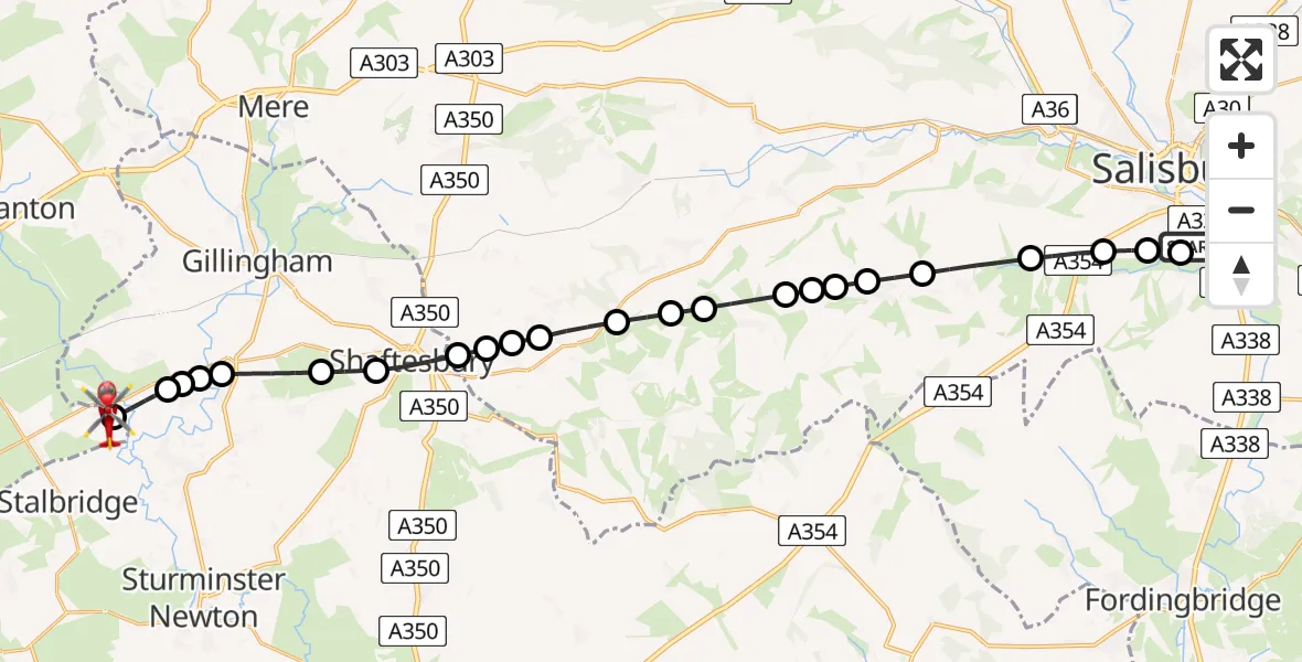 Flight route Air Ambulance Helicopter Salisbury District Hospital - Henstridge Airfield, 08 August 2026, 20:32