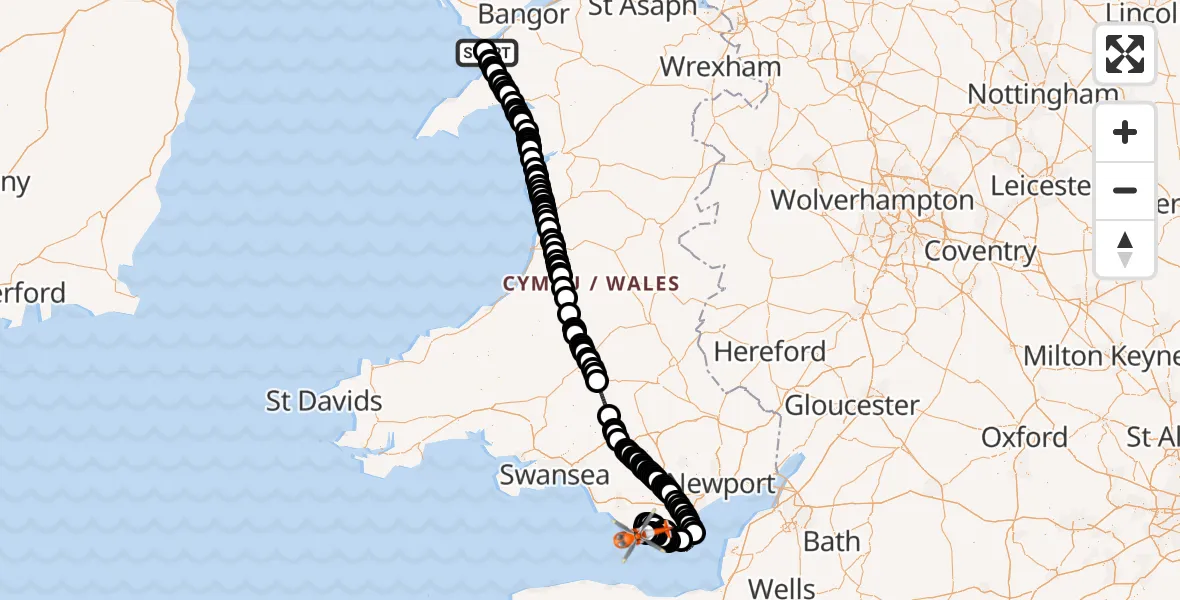 Flight route Coastguard Helicopter Caernarfon Airport - MOD St Athan, 08 August 2026, 20:41