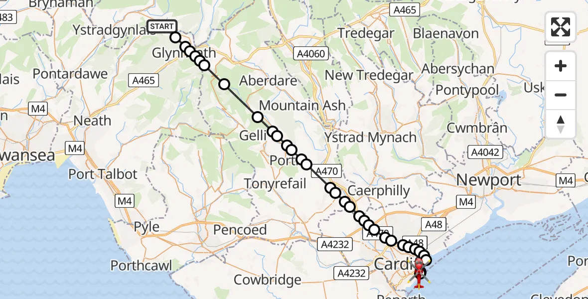 Flight route Air Ambulance Helicopter Banwen - Cardiff Heliport, 08 August 2026, 20:43