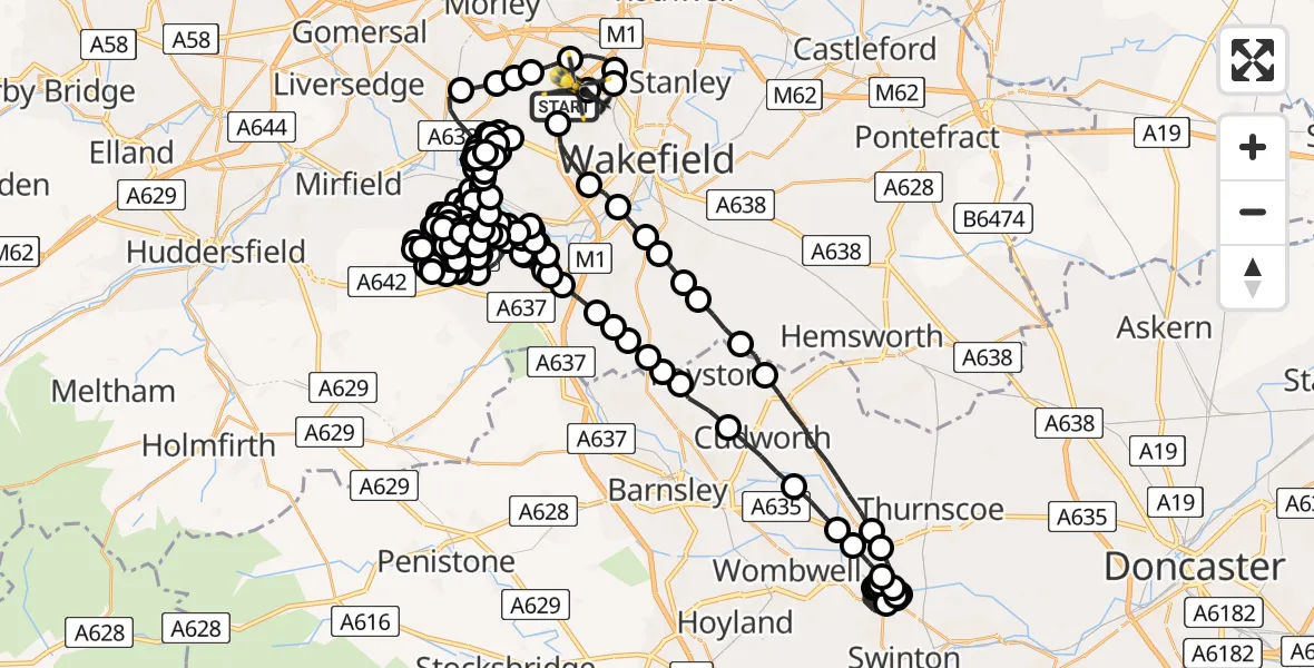 Flight route Police Helicopter Ossett - East Ardsley, 08 August 2026, 21:00