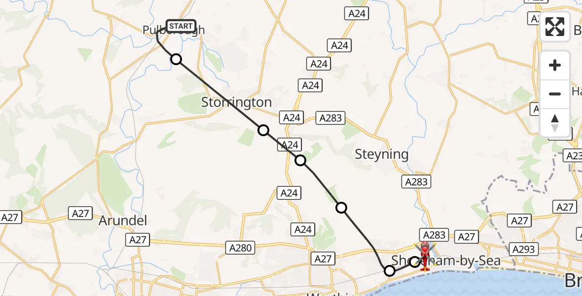Flight route Air Ambulance Helicopter Horsham - Brighton City Airport, 08 August 2026, 21:17