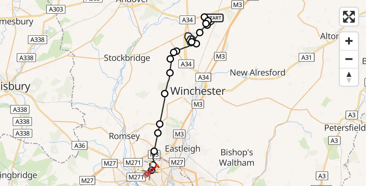 Flight route Air Ambulance Helicopter Micheldever - University Hospital Southampton, 08 August 2026, 21:19