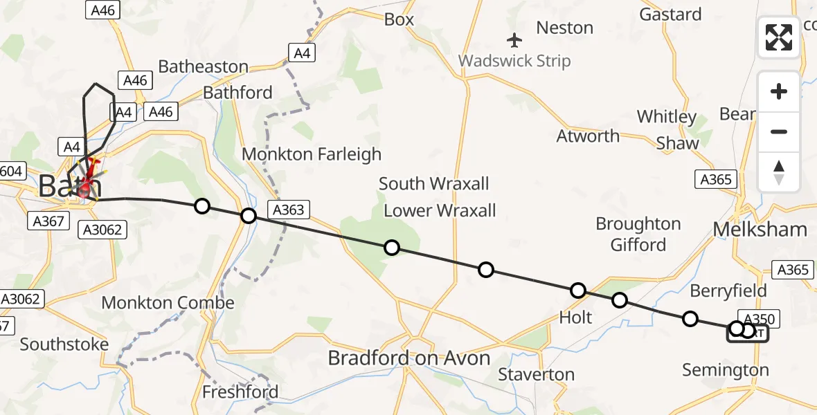 Flight route Air Ambulance Helicopter Wiltshire Air Ambulance - Bath, 08 August 2026, 21:19