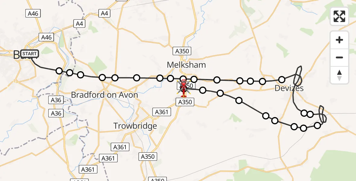 Flight route Air Ambulance Helicopter Bath - Wiltshire Air Ambulance, 08 August 2026, 21:34