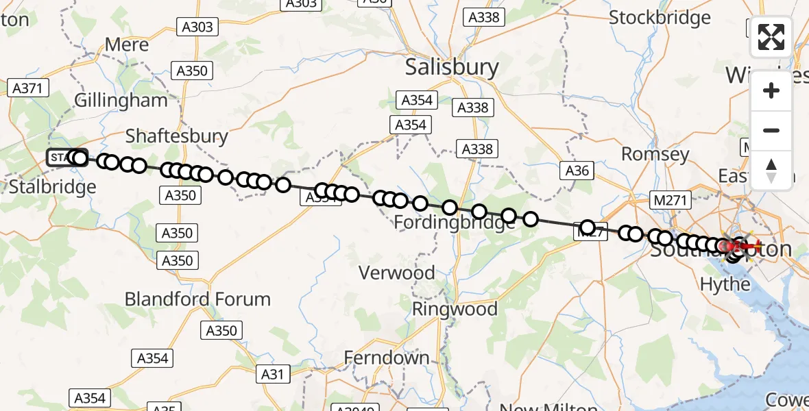 Flight route Air Ambulance Helicopter Henstridge Airfield - Woolston, 08 August 2026, 21:55