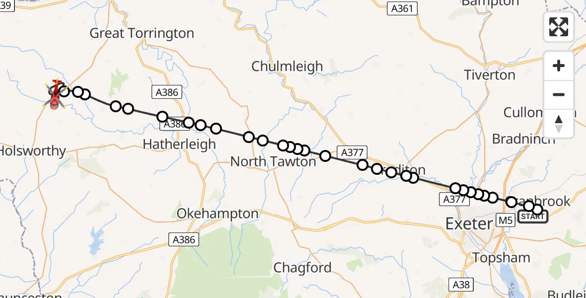 Flight route Air Ambulance Helicopter Exeter International Airport - Torridge, 08 August 2026, 22:08