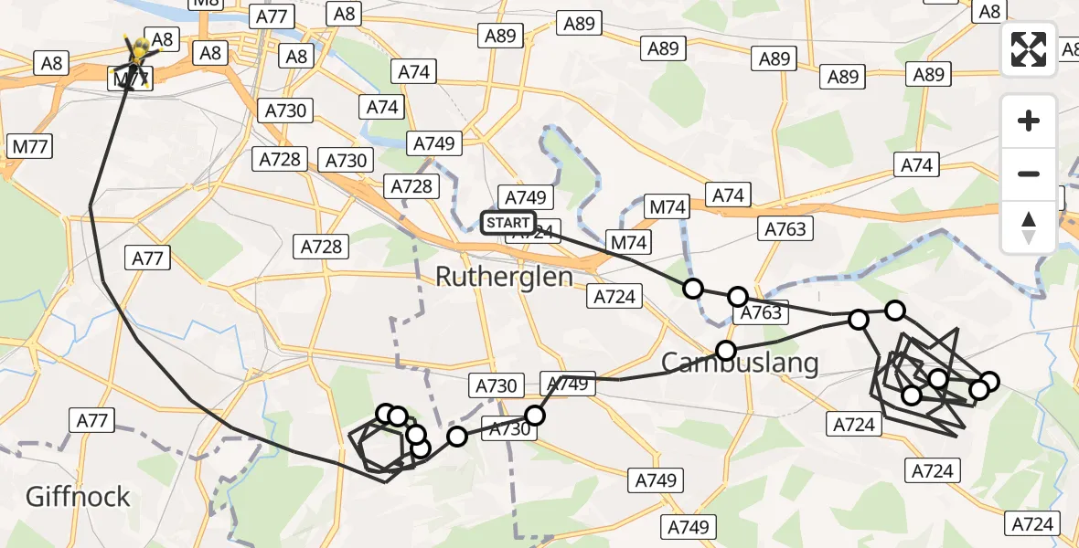 Flight route Police Helicopter Rutherglen - Glasgow, 08 August 2026, 22:21