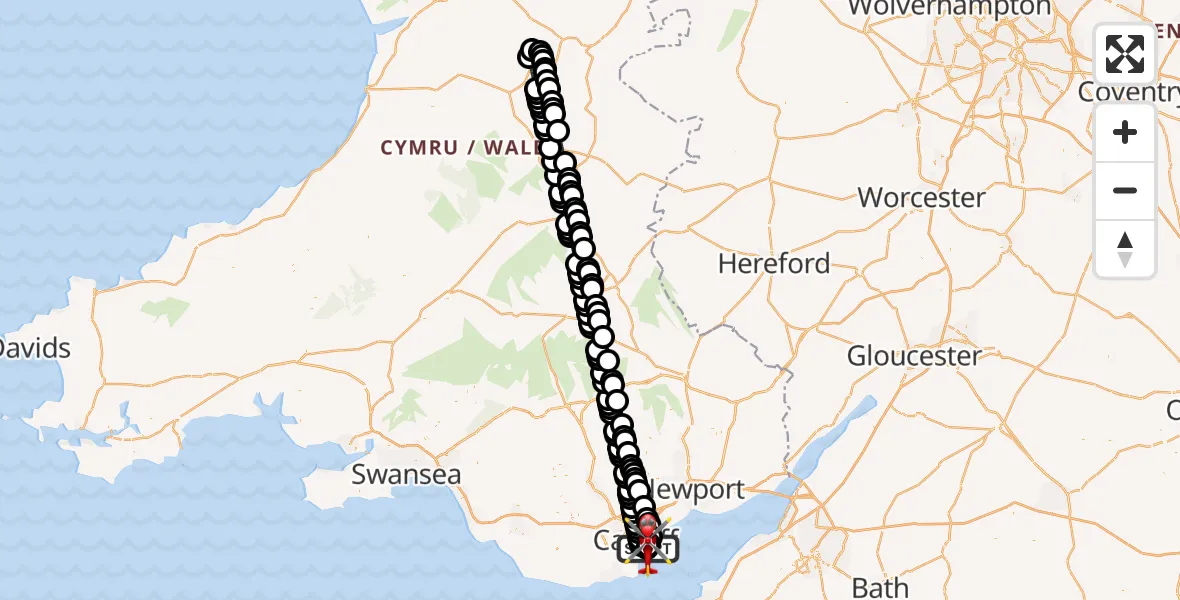 Flight route Air Ambulance Helicopter Cardiff Heliport - Cardiff Heliport, 08 August 2026, 22:46