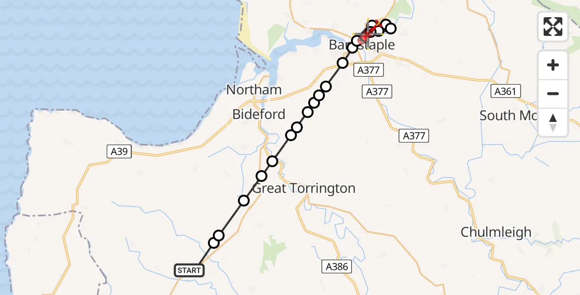 Flight route Air Ambulance Helicopter Torridge - North Devon Hospital, 08 August 2026, 22:48