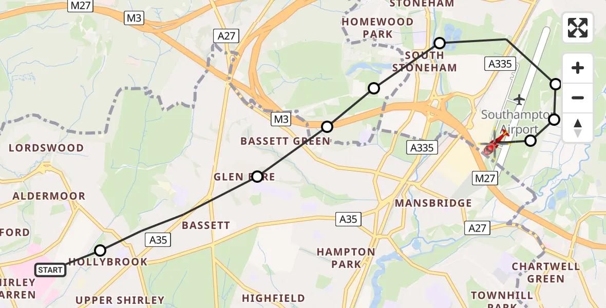 Flight route Air Ambulance Helicopter University Hospital Southampton - Southampton Airport, 08 August 2026, 22:55