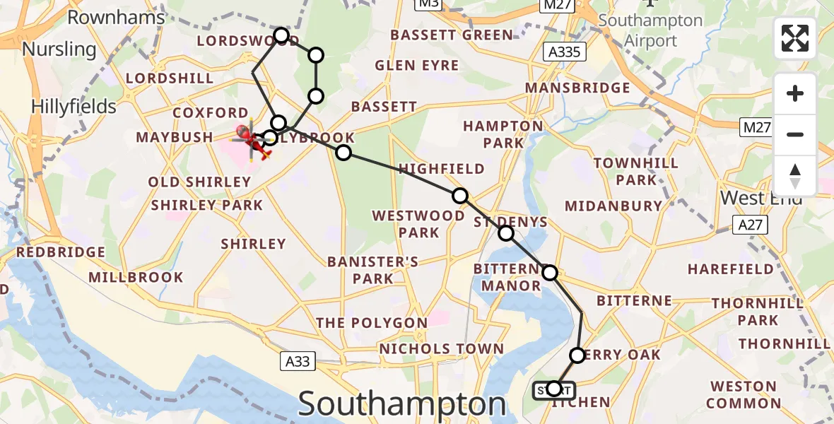 Flight route Air Ambulance Helicopter Itchen - University Hospital Southampton, 08 August 2026, 23:02