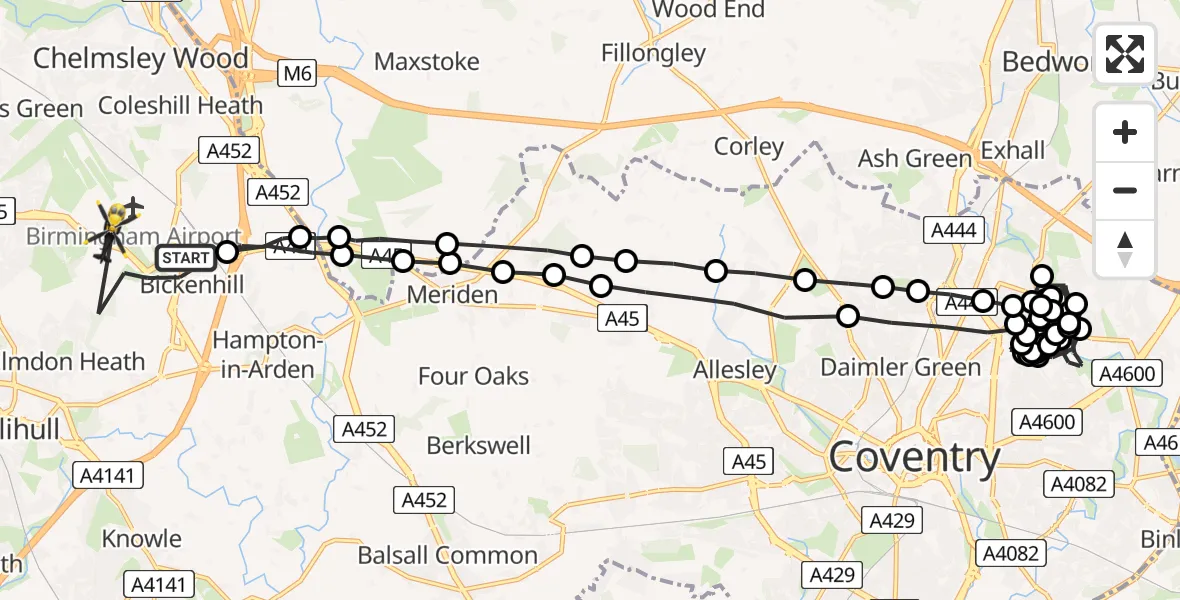 Flight route Police Helicopter Solihull - Solihull, 08 August 2026, 23:22