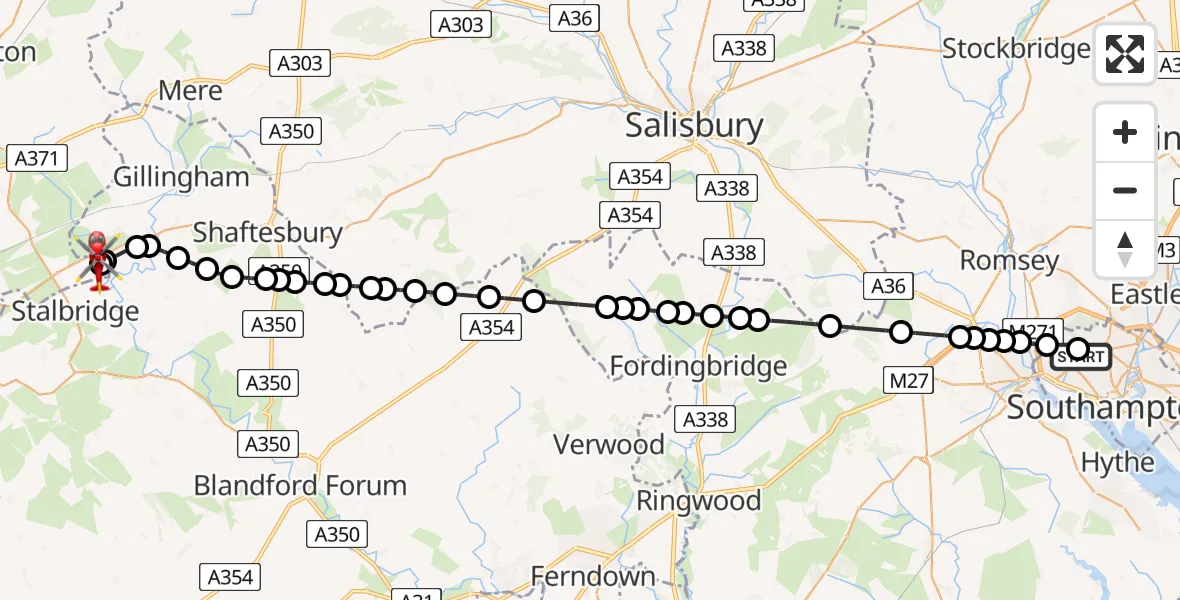 Flight route Air Ambulance Helicopter University Hospital Southampton - Henstridge Airfield, 08 August 2026, 23:22
