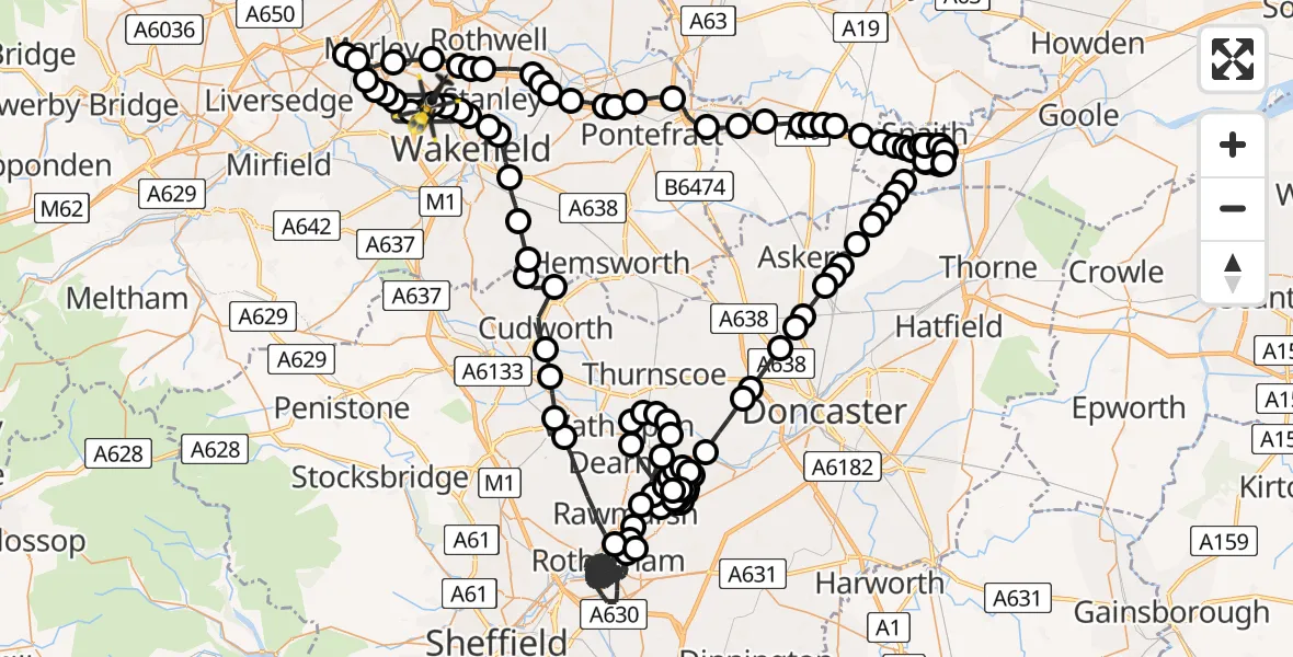 Flight route Police Helicopter East Ardsley - East Ardsley, 08 August 2026, 23:23