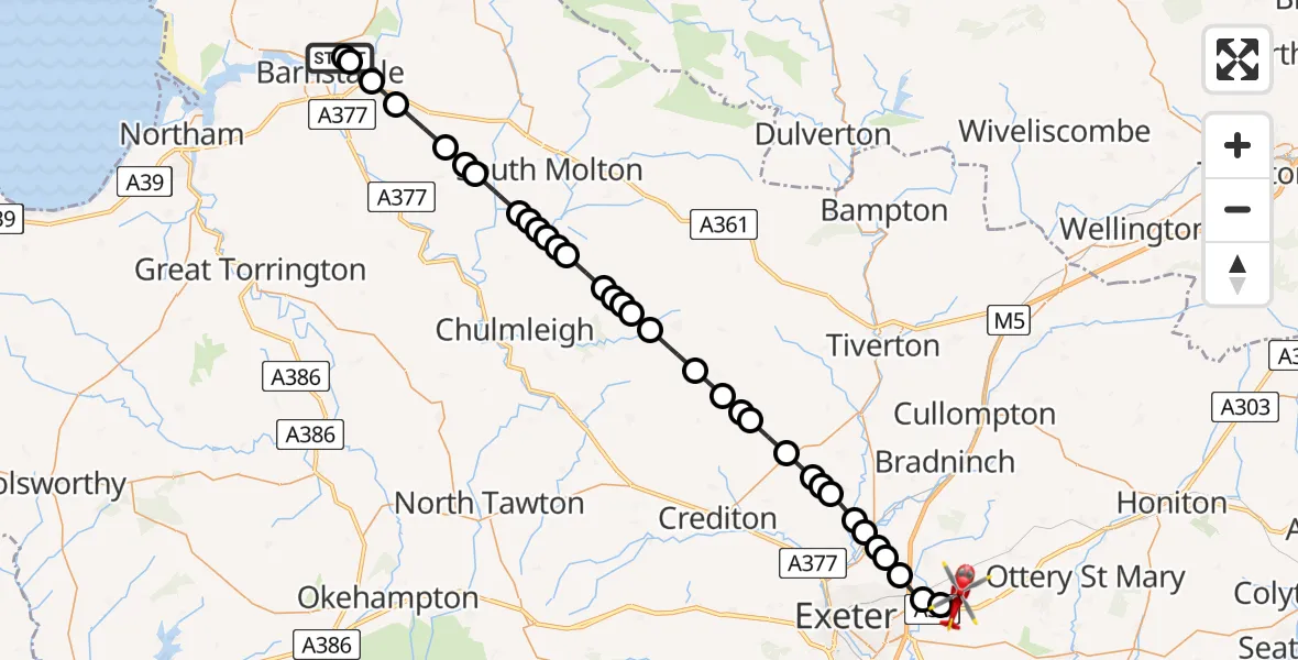 Flight route Air Ambulance Helicopter North Devon Hospital - Exeter International Airport, 08 August 2026, 23:25