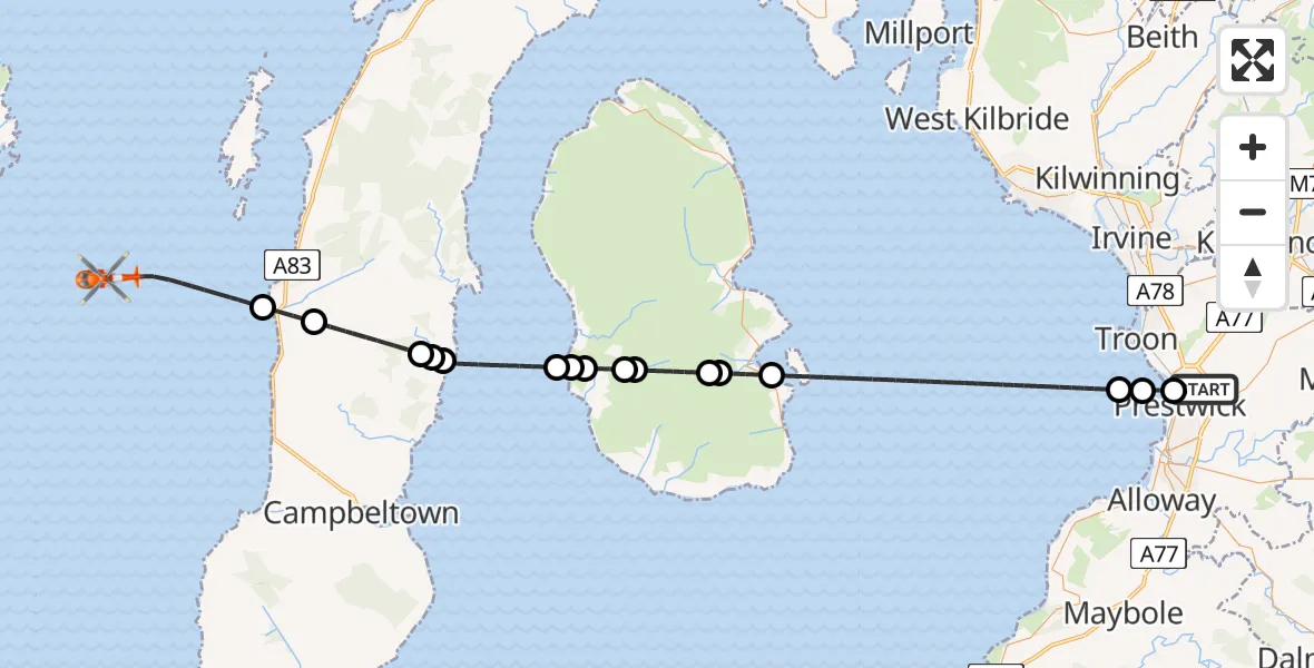 Flight route Coastguard Helicopter Glasgow Prestwick Airport - Inner Seas, 08 August 2026, 23:35