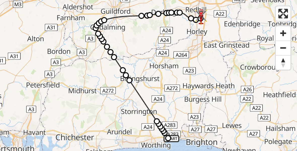 Flight route Air Ambulance Helicopter Brighton City Airport - Redhill Aerodrome, 09 August 2026, 00:29
