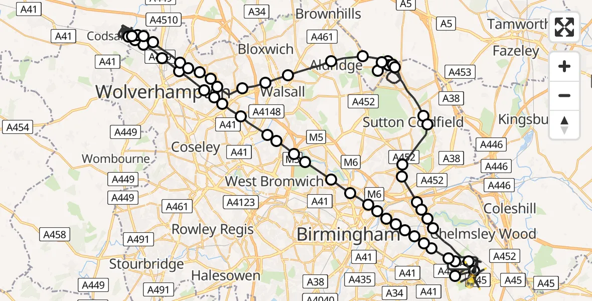 Flight route Police Helicopter Birmingham Airport - Birmingham Airport, 09 August 2026, 00:39