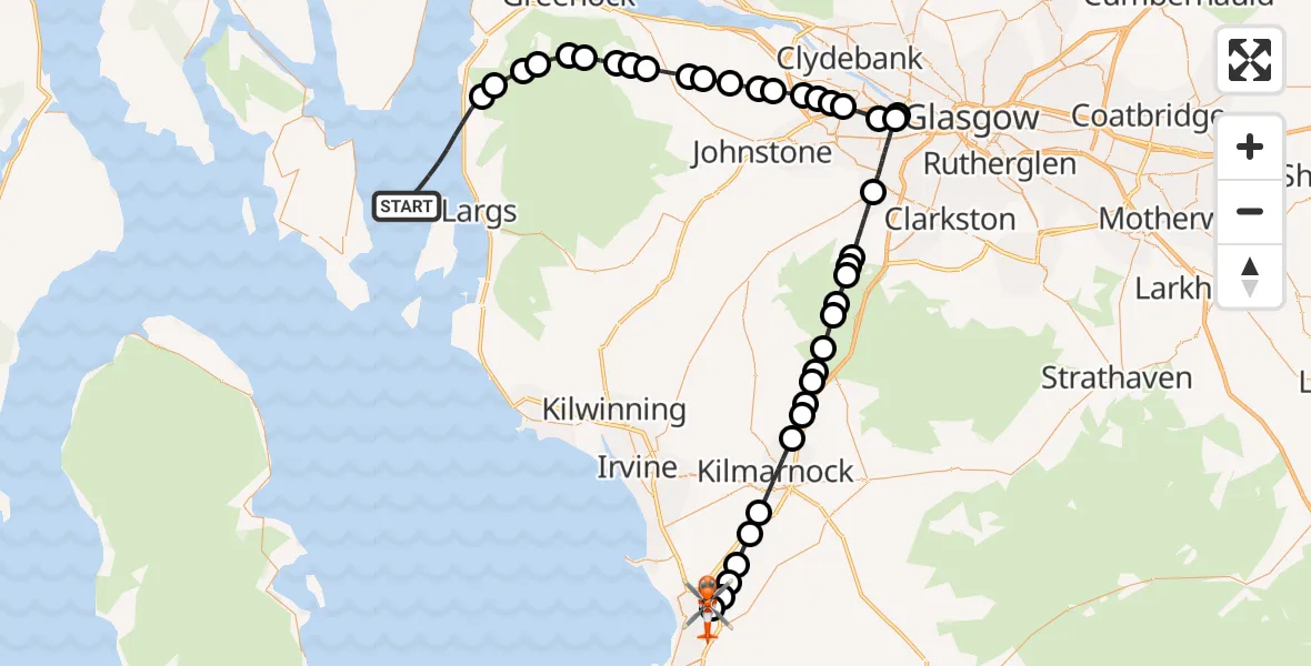 Flight route Coastguard Helicopter Inner Seas - Glasgow Prestwick Airport, 09 August 2026, 01:15