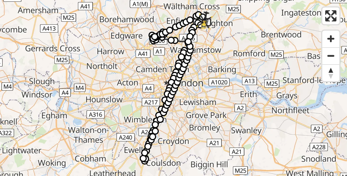 Flight route Police Helicopter Sewardstonebury - Metropolitan Police Air Support Unit Lippitts Hill, 09 August 2026, 01:46