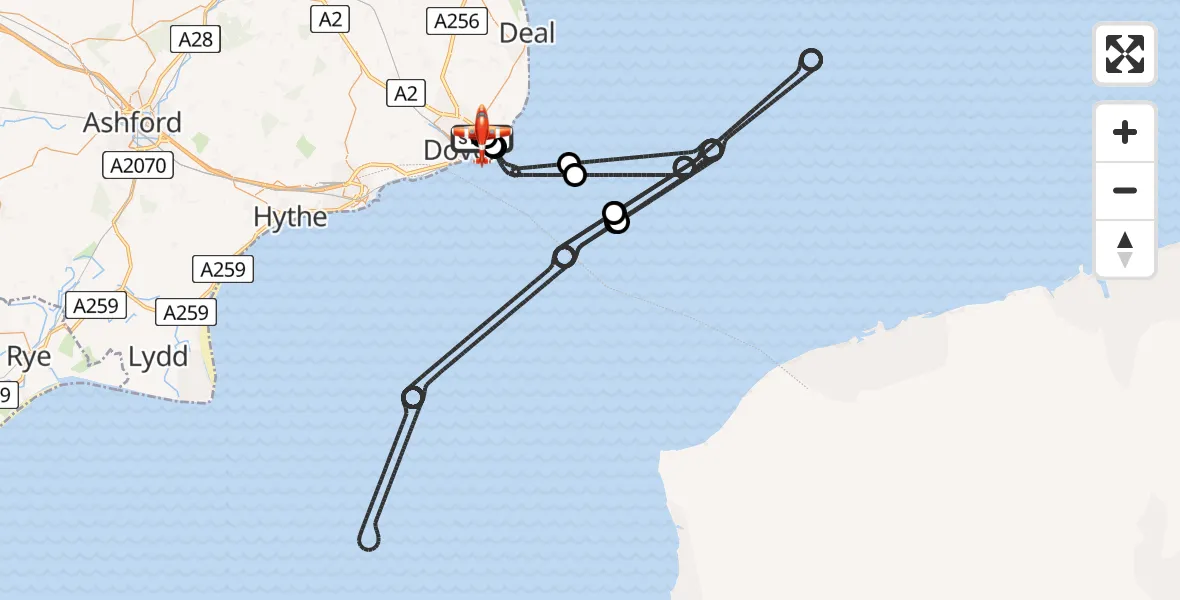 Flight route Coastguard Drone Langdon Battery Heliport - Swingate Airfield, 09 August 2026, 01:58