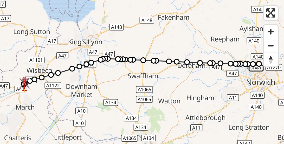 Flight route Air Ambulance Helicopter Norwich Airport - Elm, 09 August 2026, 02:59