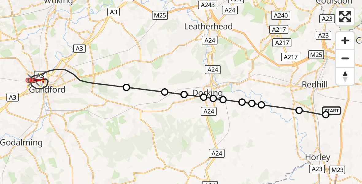 Flight route Air Ambulance Helicopter Redhill Aerodrome - Guildford, 09 August 2026, 03:52
