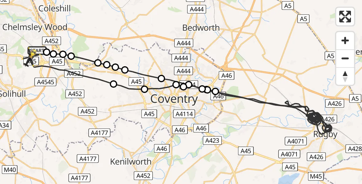 Flight route Police Helicopter Birmingham Airport - Solihull, 09 August 2026, 04:09
