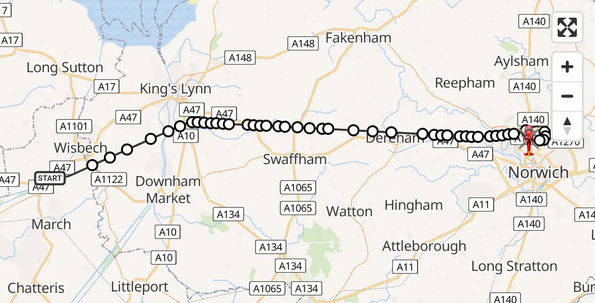 Flight route Air Ambulance Helicopter Elm - Norwich Airport, 09 August 2026, 04:14