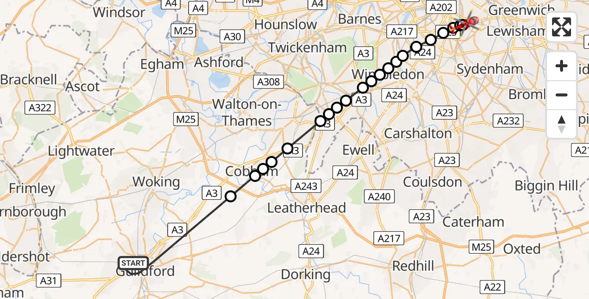 Flight route Air Ambulance Helicopter Guildford - Kings College London Hospital, 09 August 2026, 04:35
