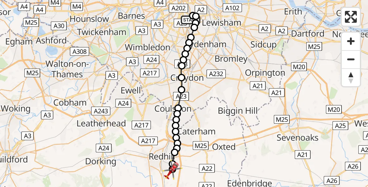 Flight route Air Ambulance Helicopter Kings College London Hospital - Redhill Aerodrome, 09 August 2026, 05:12