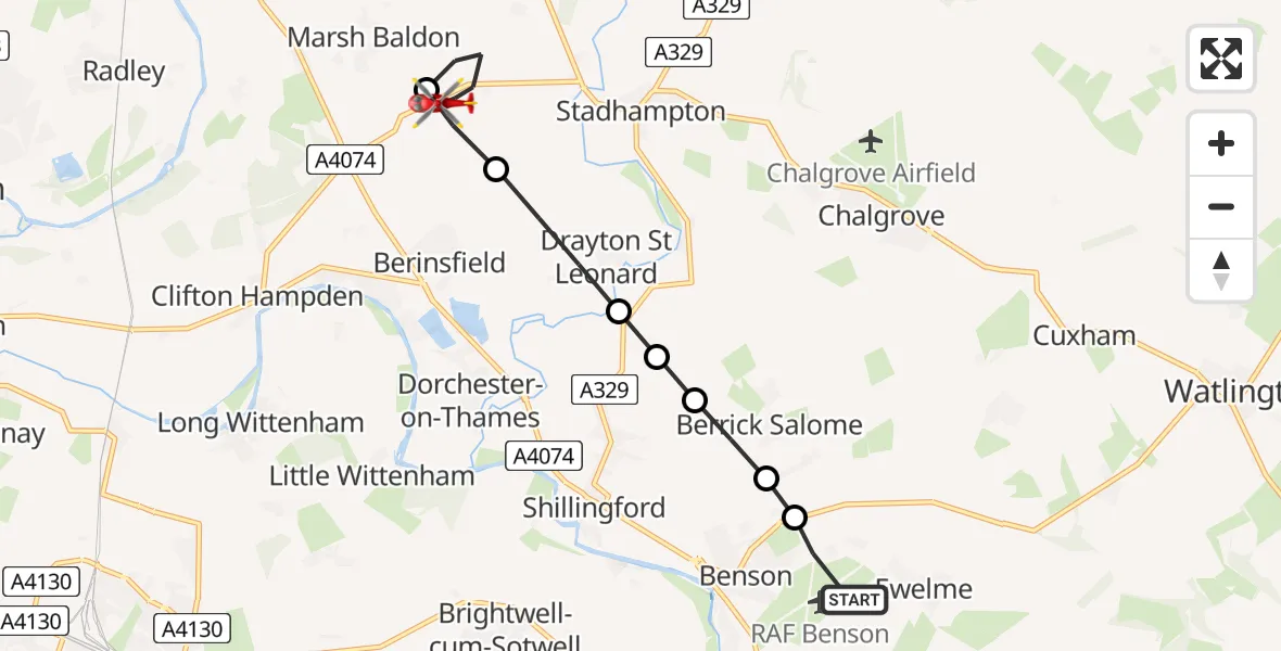 Flight route Air Ambulance Helicopter RAF Benson - Marsh Baldon, 09 August 2026, 06:46