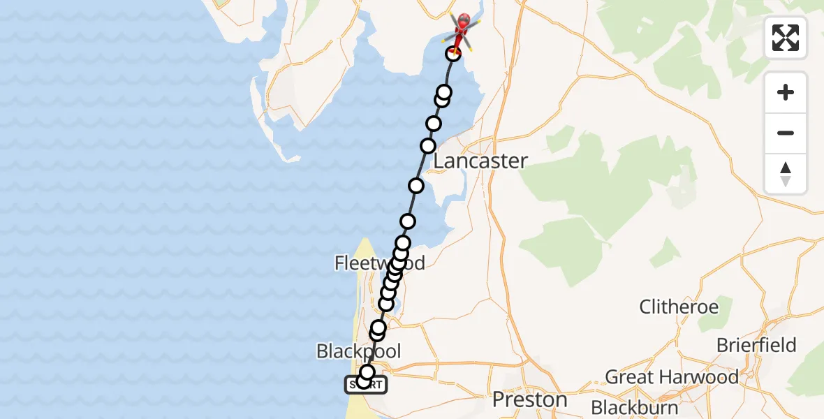 Flight route Air Ambulance Helicopter Blackpool Airport - Arnside, 09 August 2026, 07:20