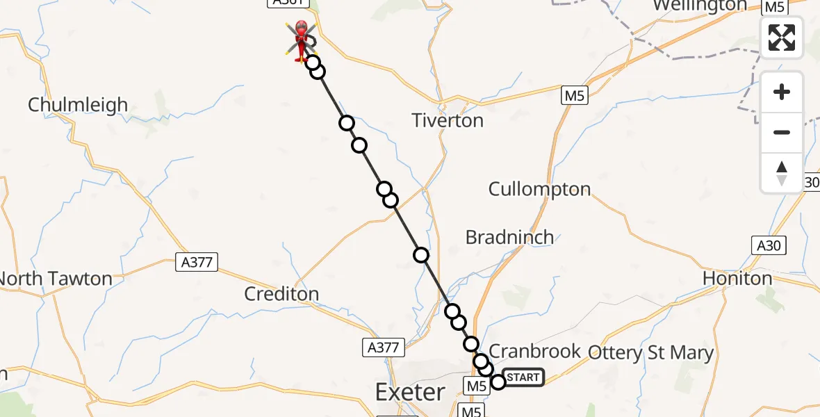Flight route Air Ambulance Helicopter Exeter International Airport - Rackenford, 09 August 2026, 07:28