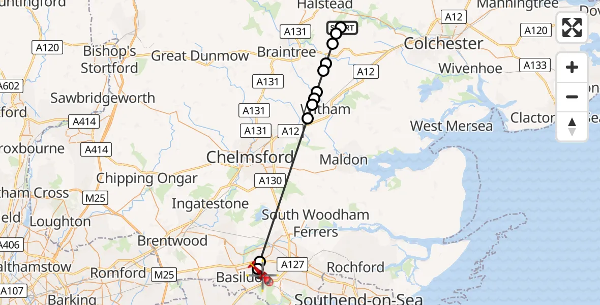 Flight route Air Ambulance Helicopter Earls Colne Airfield - Basildon, 09 August 2026, 07:44
