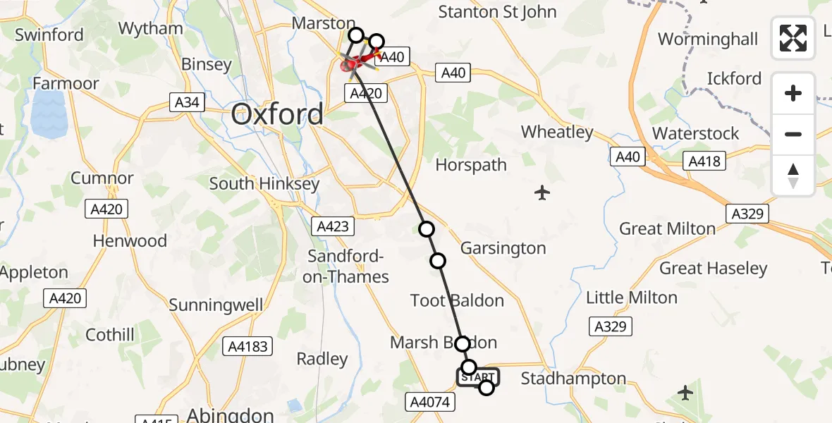 Flight route Air Ambulance Helicopter Marsh Baldon - Oxford, 09 August 2026, 07:46