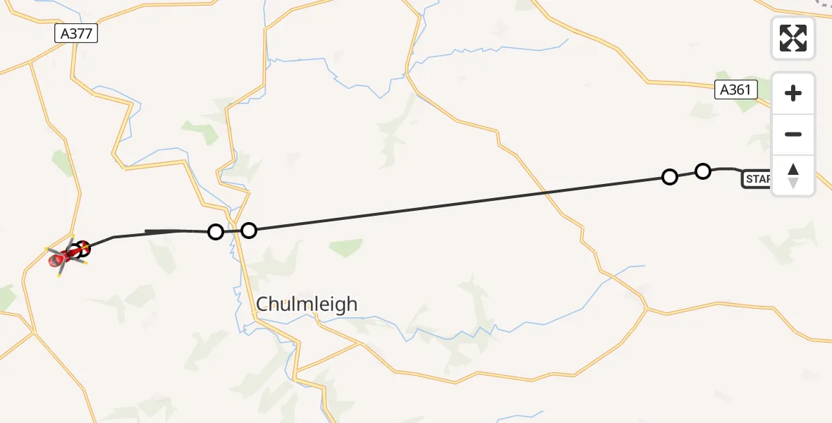Flight route Air Ambulance Helicopter Rackenford - Eaglescott Airfield, 09 August 2026, 07:49