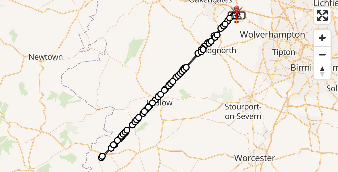 Flight route Air Ambulance Helicopter RAF Cosford - Cosford, 09 August 2026, 07:56