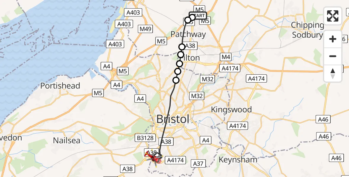 Flight route Air Ambulance Helicopter Almondsbury Helicopter Base - Bristol, 09 August 2026, 07:59