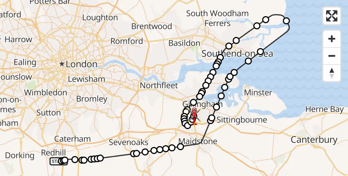 Flight route Air Ambulance Helicopter Redhill Aerodrome - Rochester Airport, 09 August 2026, 08:03