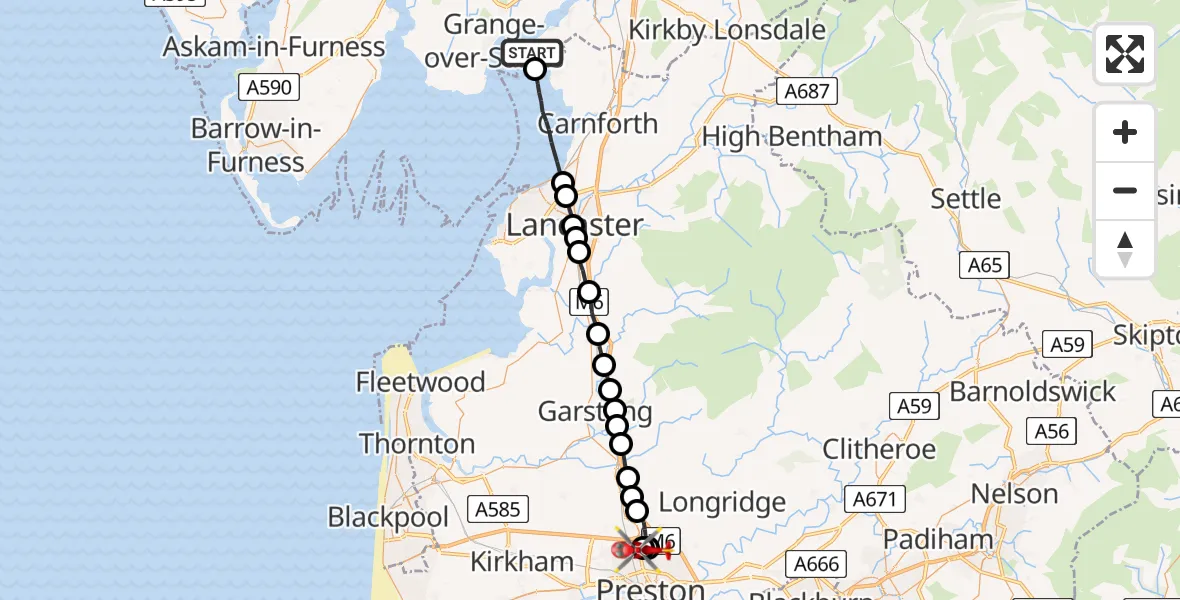 Flight route Air Ambulance Helicopter Arnside - Broughton, 09 August 2026, 08:21