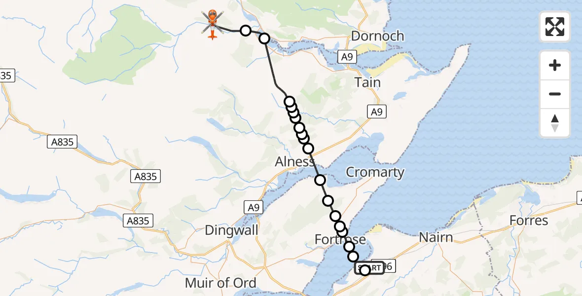 Flight route Coastguard Helicopter Inverness Airport - Wester Gruinards, 09 August 2026, 08:22