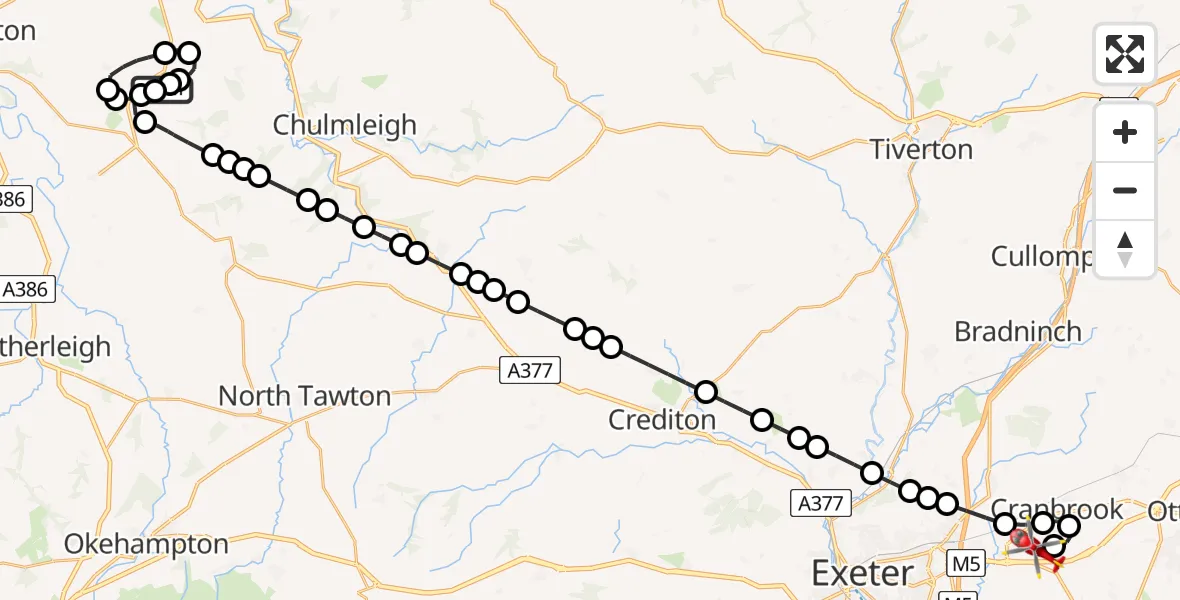 Flight route Air Ambulance Helicopter Eaglescott Airfield - Exeter International Airport, 09 August 2026, 08:25