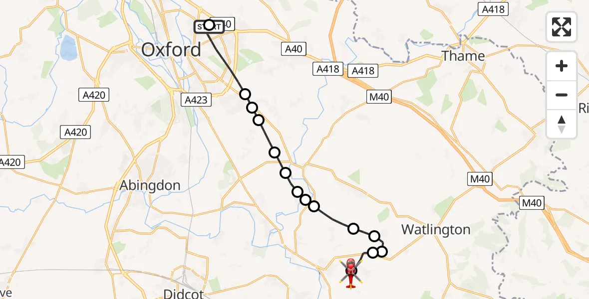 Flight route Air Ambulance Helicopter John Radcliffe Hospital - RAF Benson, 09 August 2026, 08:32