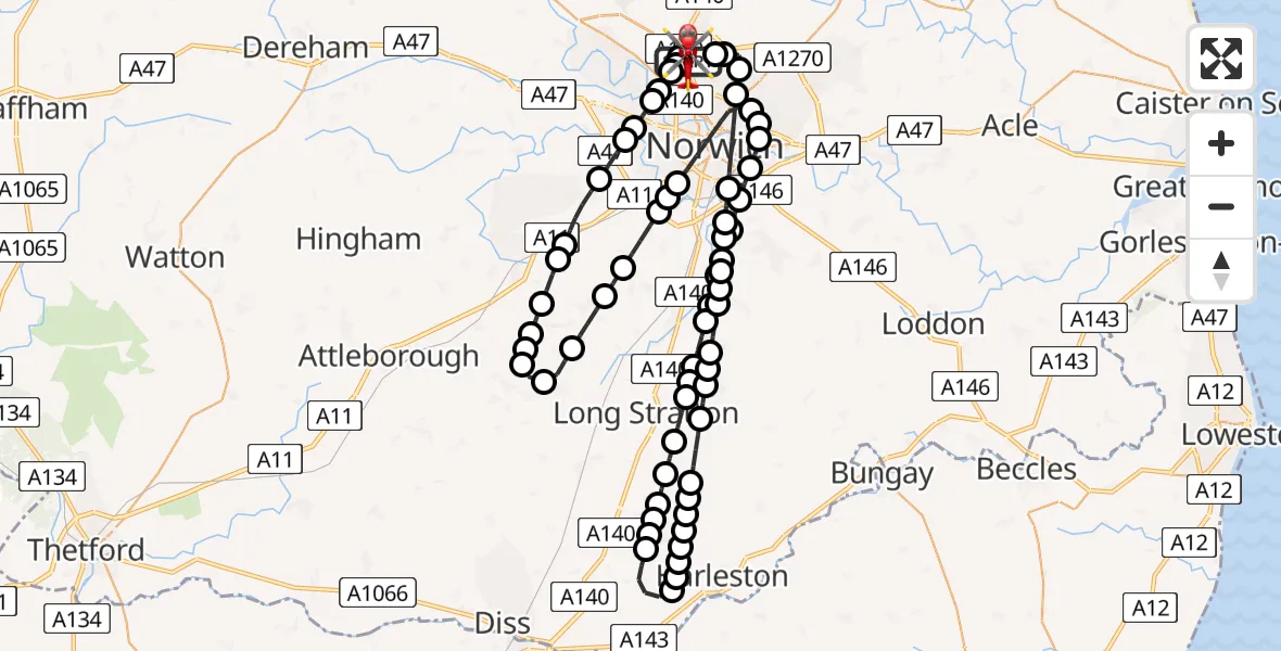 Flight route Air Ambulance Helicopter Norwich Airport - Norwich Airport, 09 August 2026, 08:47